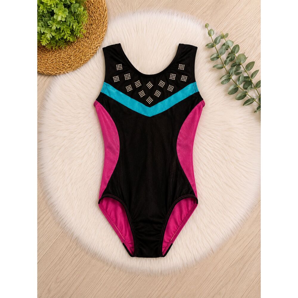 Freestyle by Danskin Girls Gymnastics Leotard 5/6X Black Pink Blue Rhinestone